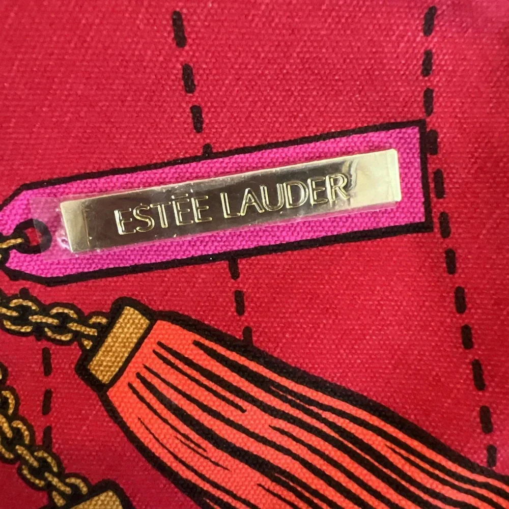 Estee Lauder‎ Makeup Bag Red Pink Lined Purse Accessory Beauty Travel Zip Top